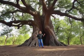 合影的照片，与大树合影的照片